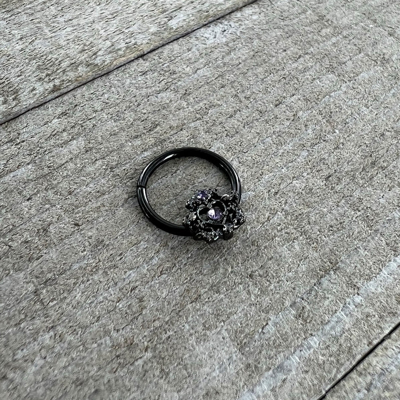 16G 3/8 Purple Gem Black Regal Crown Hinged Segment Ring