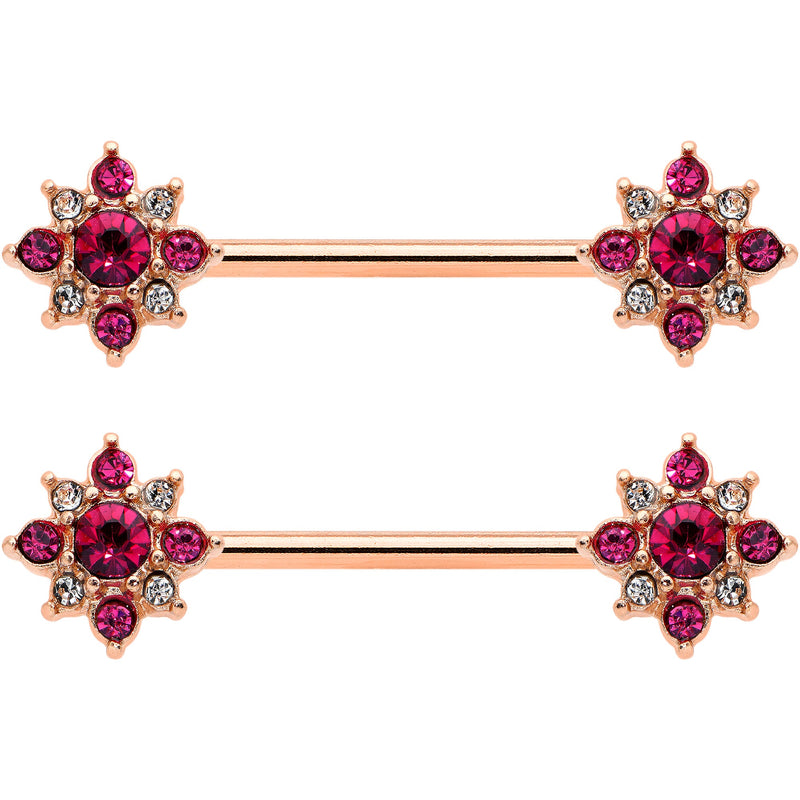 14G Red Gem Rose Gold Tone Rococo Star Barbell Nipple Ring Set