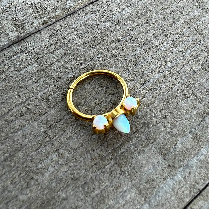 16G 3/8 White Synthetic Opal Gold Tone Trio Point Hinged Segment Ring