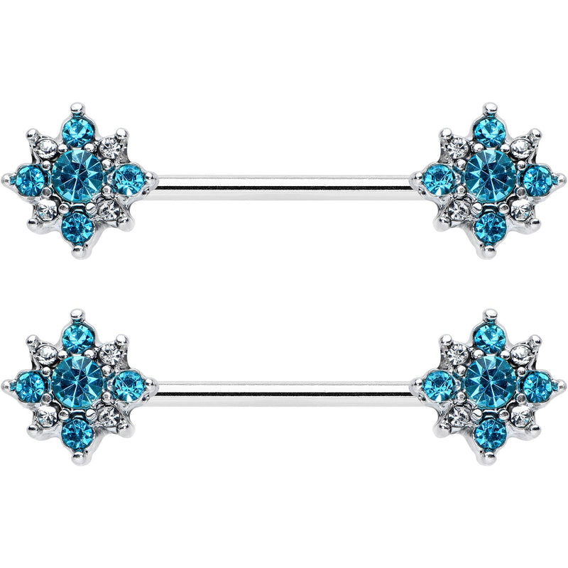 14G 9/16 Clear Blue Gem Opulent Flower Barbell Nipple Ring Set