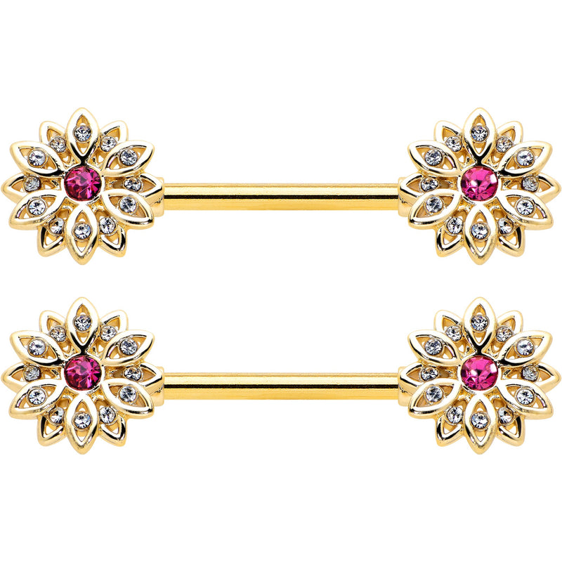 14G 9/16 Clear Pink Gem Gold Tone Starry Flower Nipple Ring Set