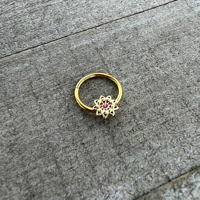 16G 3/8 Pink Gem Gold Tone Starry Flower Hinged Segment Ring