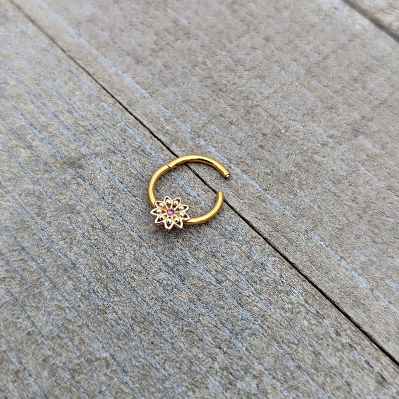 16G 3/8 Pink Gem Gold Tone Starry Flower Hinged Segment Ring