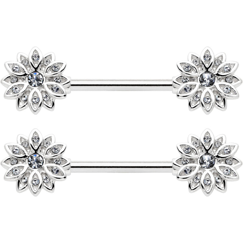14G 9/16 Clear Gem Rococo Starry Flower Barbell Nipple Ring Set