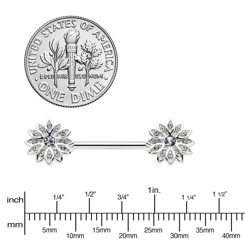 14G 9/16 Clear Gem Rococo Starry Flower Barbell Nipple Ring Set