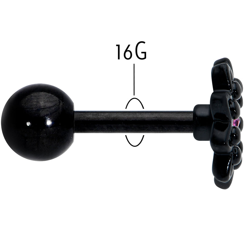 16G 1/4 Pink Gem Black Midnight Flower Cartilage Tragus Earring