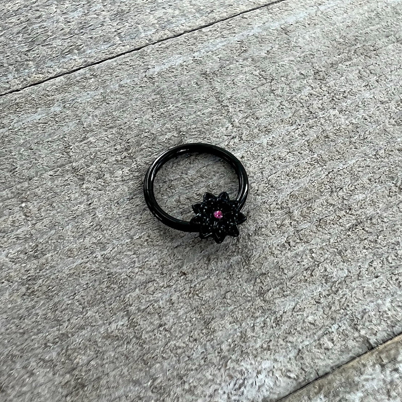 16G 3/8 Pink Gem Black Starry Flower Hinged Segment Ring