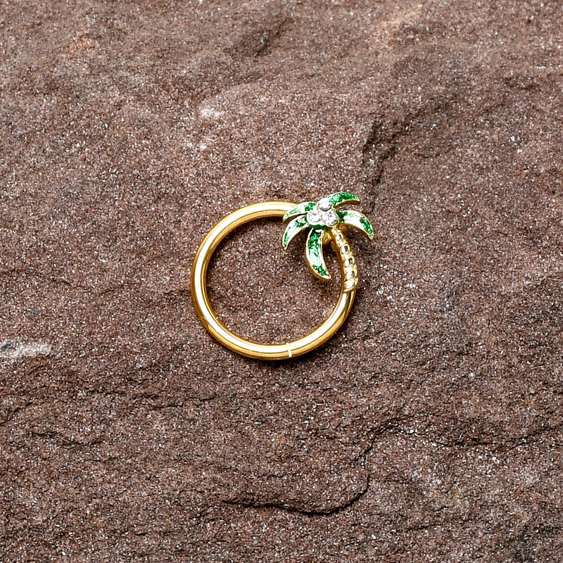 16G 3/8 Clear Gem Gold Tone Palm Tree Style Hinged Segment Ring