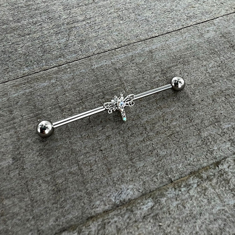 14G Aurora Gem Dragonfly Flying Industrial Barbell 38mm
