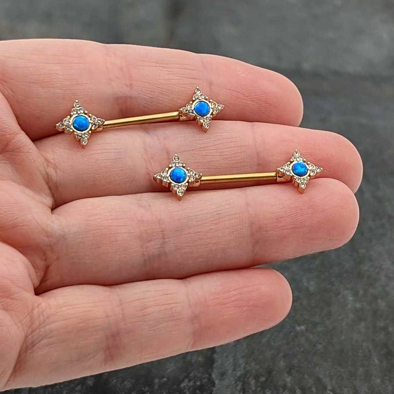 14G 9/16 Blue Synthetic Opal Gold Tone Rhombus Nipple Ring Set