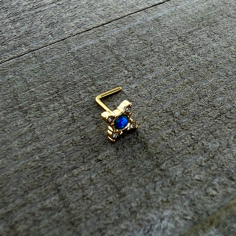 20G 1/4 Blue Synthetic Opal Gold Hue Rhombus L Shape Nose Ring