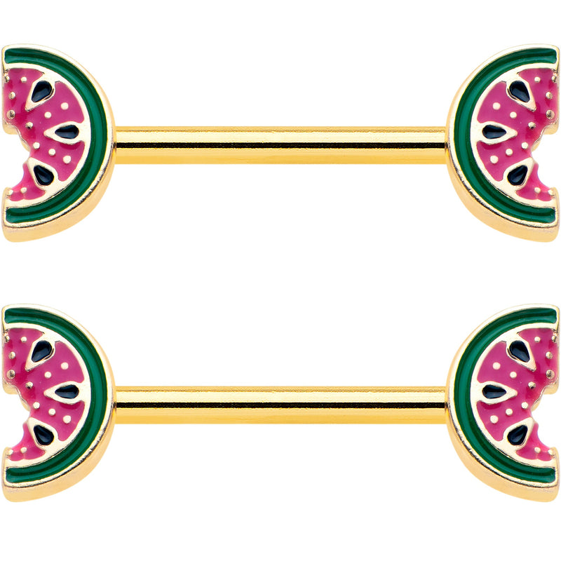 14G 9/16 Gold Tone Watermelon Bite Barbell Nipple Ring Set