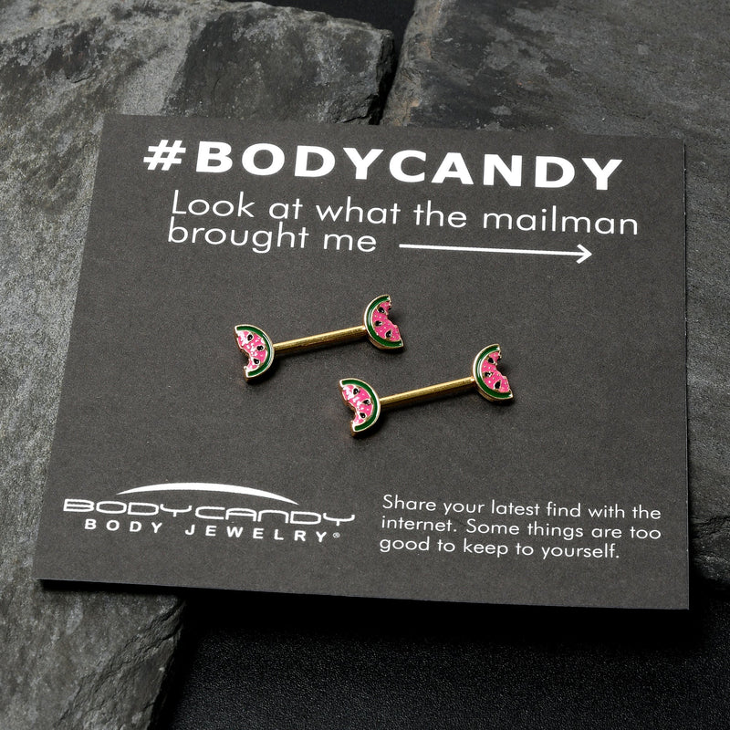 14G 9/16 Gold Tone Watermelon Bite Barbell Nipple Ring Set