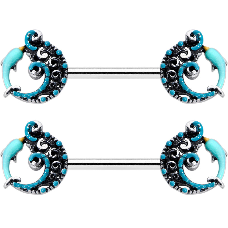 14G 9/16 Leaping Blue Dolphin Barbell Nipple Ring Set