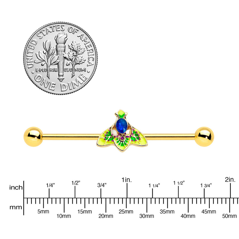 14G Blue Purple Gem Gold Tone Tropic Fan Industrial Barbell 38mm