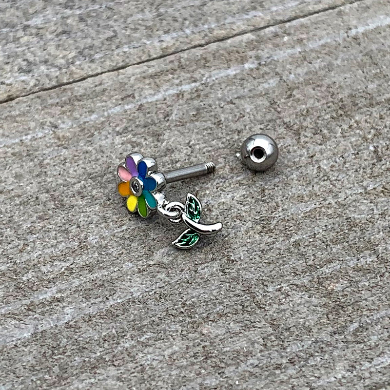 16G 1/4 Clear Gem Pride Rainbow Flower Dangle Cartilage Tragus