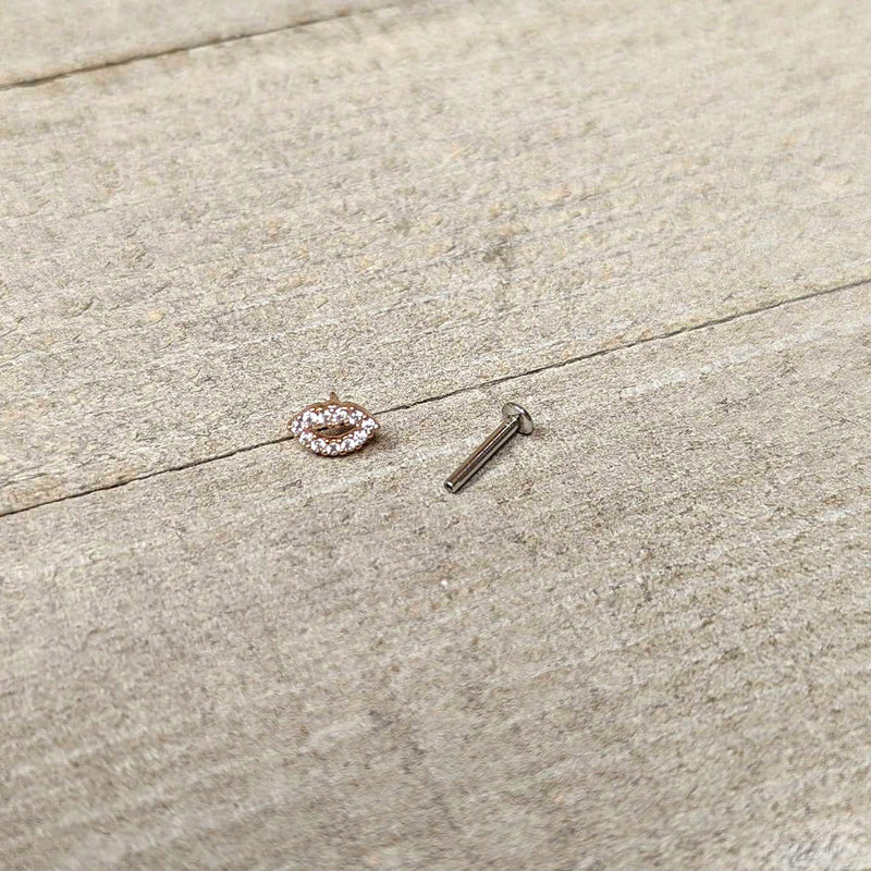 16G 5/16 Clear CZ Gem Kissy Lips Rosy Threadless Labret Tragus