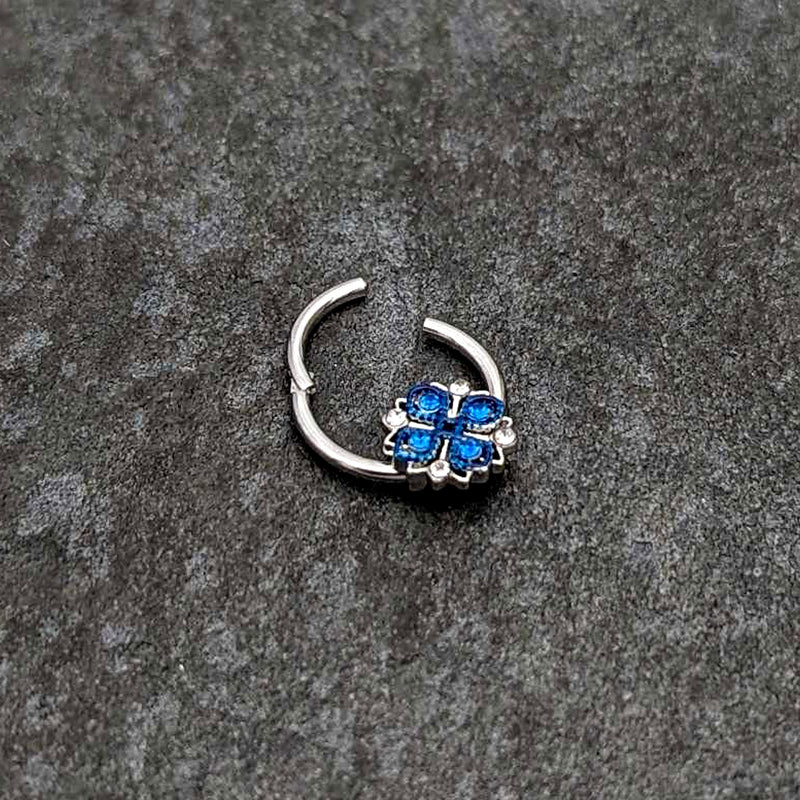 16G 3/8 Blue Clear Gem Embellished Cross Hinged Segment Ring