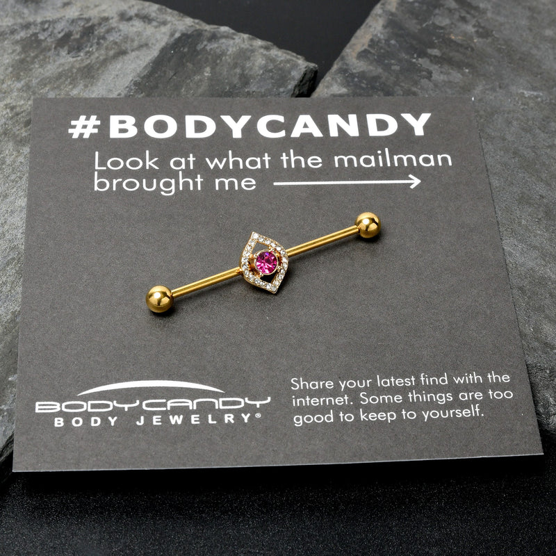 14G Clear Pink Gem Gold Tone Open Eye Industrial Barbell 38mm