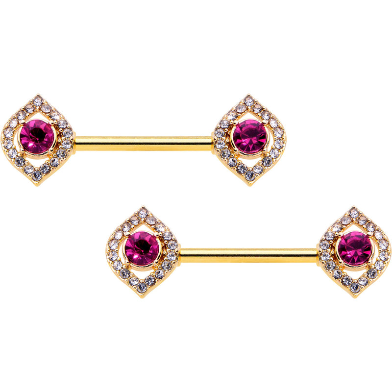 14G 9/16 Clear Pink Gem Gold Tone Open Eye Barbell Nipple Ring Set