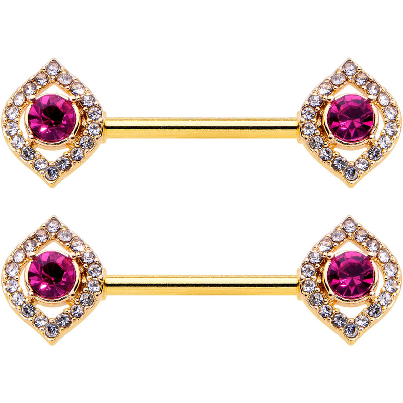 14G 9/16 Clear Pink Gem Gold Tone Open Eye Barbell Nipple Ring Set