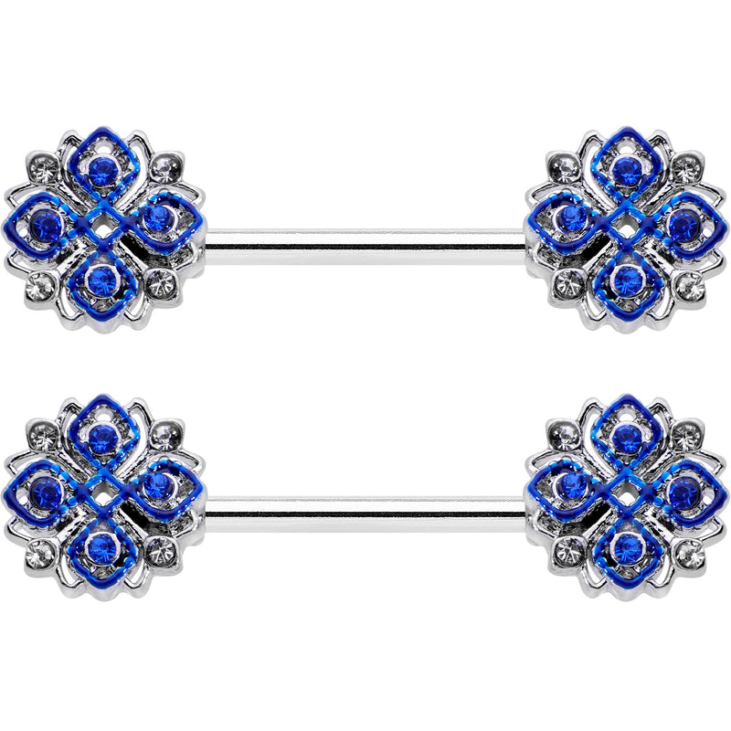 14G 9/16 Clear Blue Gem Embellished Cross Barbell Nipple Ring Set