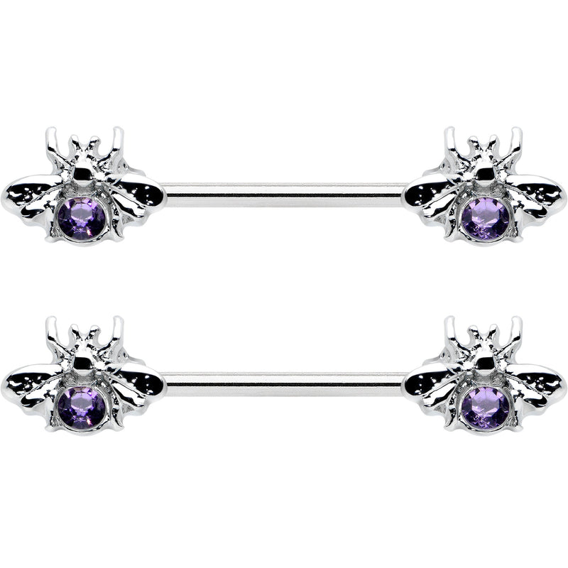 14G 9/16 Purple Gem Bee Beautiful Insect Barbell Nipple Ring Set