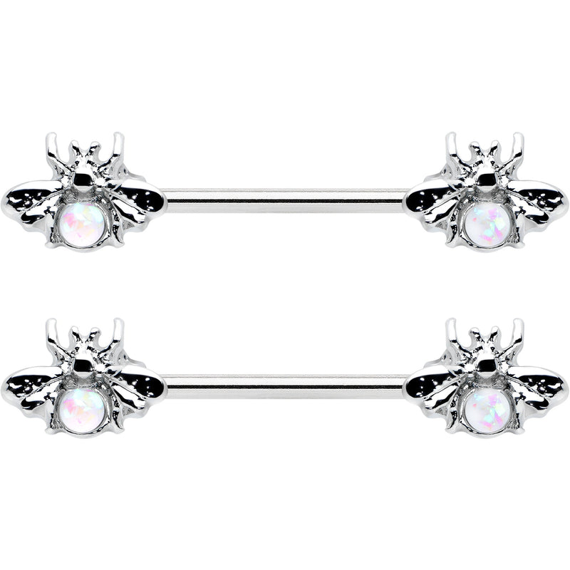 14G 9/16 White Faux Opal Bee Beauty Insect Barbell Nipple Ring Set
