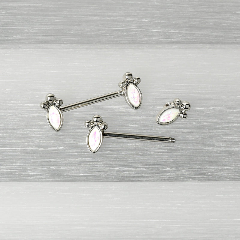 14G 9/16 White Faux Opal Deco Ovals Barbell Nipple Ring Set