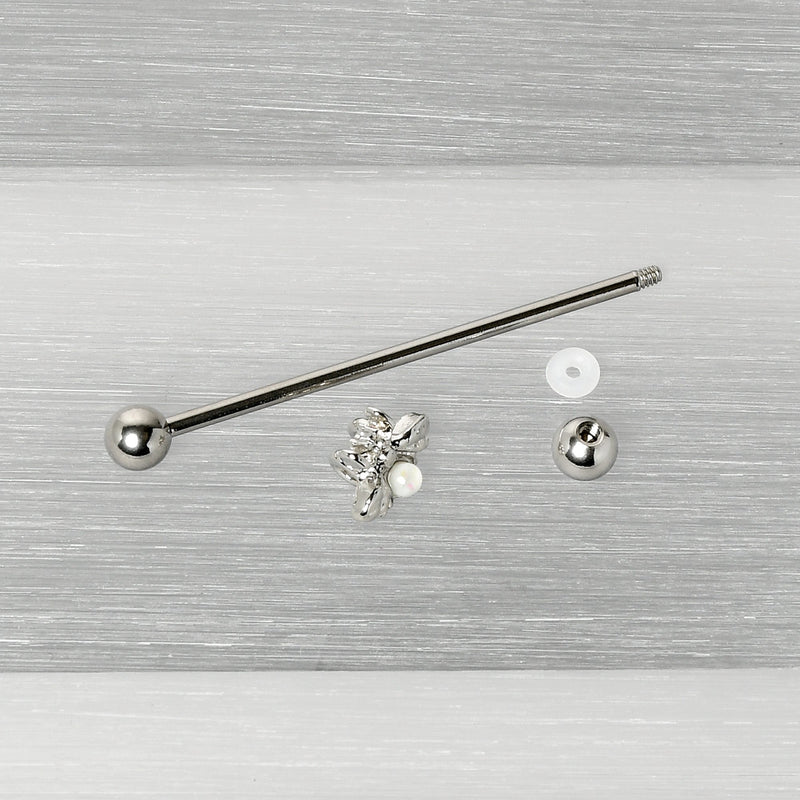 14G White Faux Opal Bee Beautiful Insect Industrial Barbell 38mm
