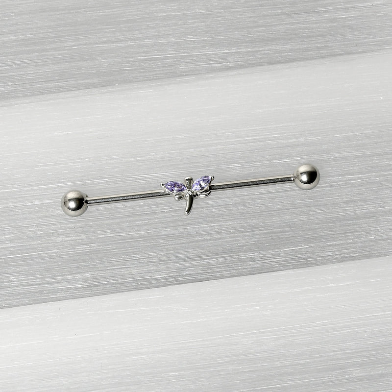 14G Purple Gem Simple Stylized Dragonfly Industrial Barbell 38mm
