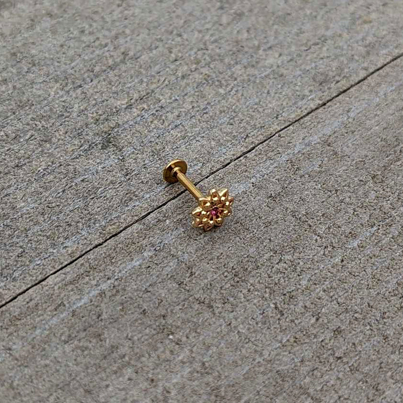 16G 5/16 Pink Gem Gold Tone Starry Flower Labret Monroe Tragus
