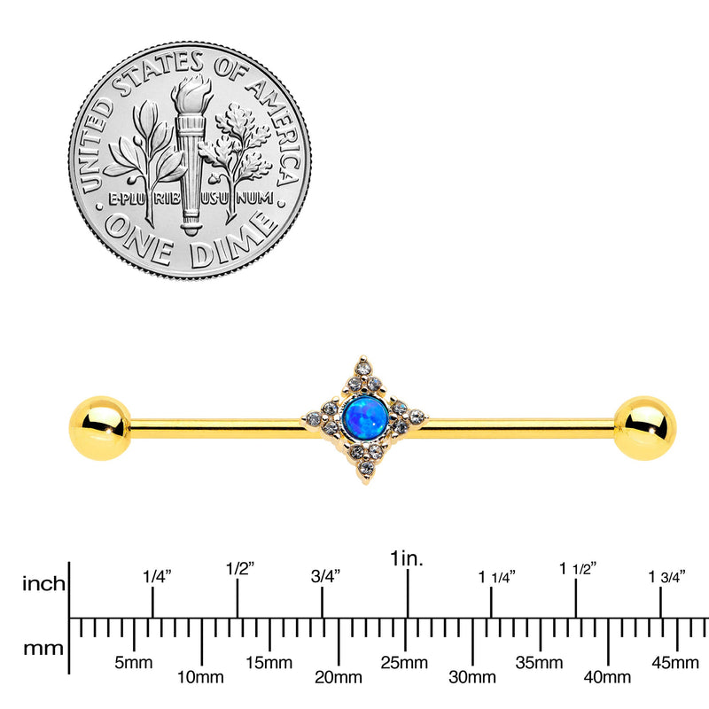 14G Blue Synthetic Opal Gold Tone Rhombus Industrial Barbell 38mm