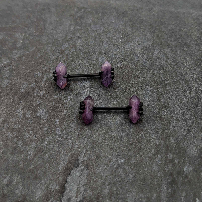 14G 9/16 Purple Amethyst Black Claw Obelisk Barbell Nipple Ring Set