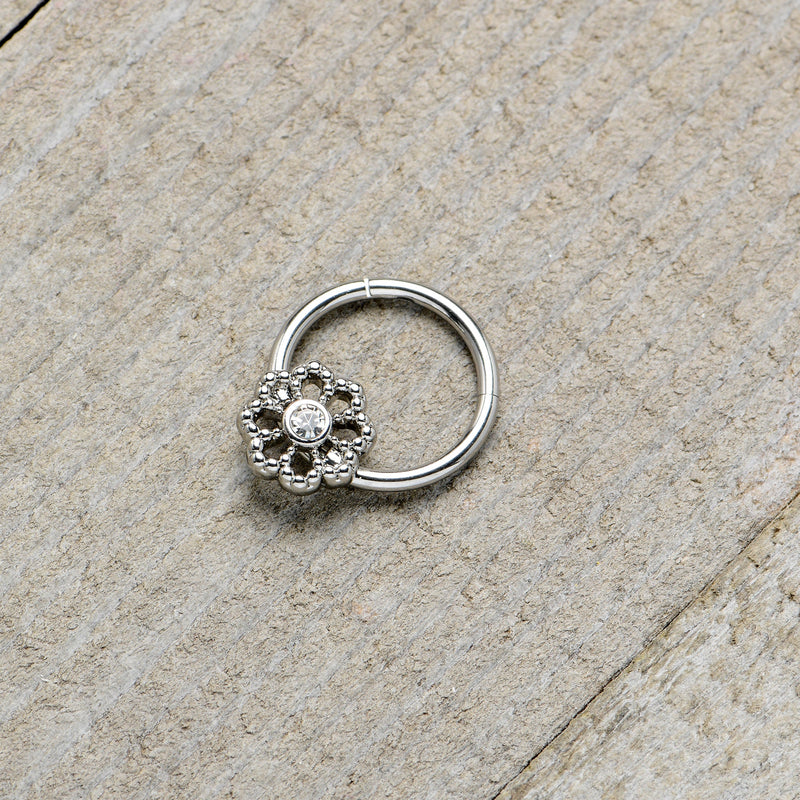 16G 3/8 Clear Gem Epic Fabulous Flower Hinged Segment Ring