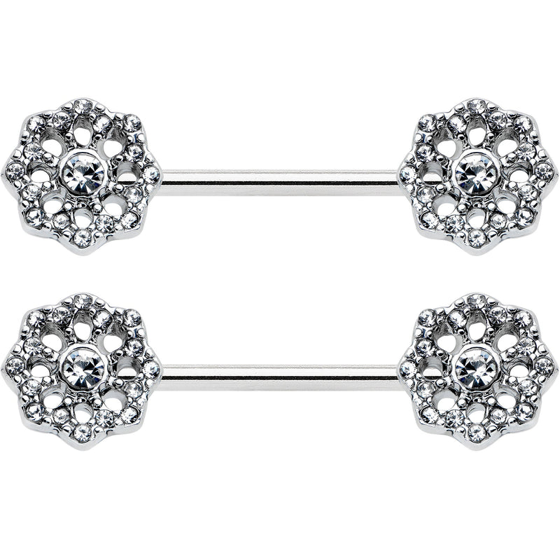 14G 9/16 Clear Gem Epic Fabulous Flower Barbell Nipple Ring Set