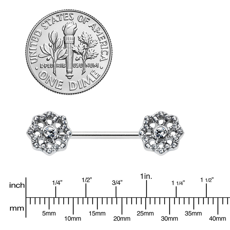 14G 9/16 Clear Gem Epic Fabulous Flower Barbell Nipple Ring Set