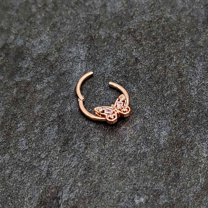 16G 3/8 Clear Gem Rosy Tone Baroque Butterfly Hinged Segment Ring