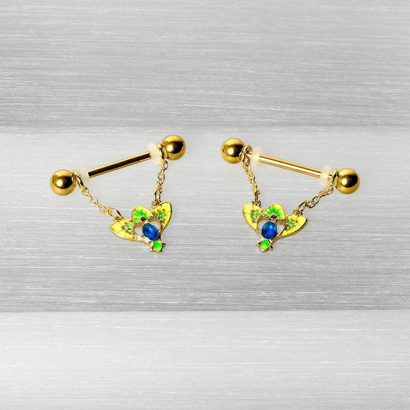 14G 9/16 Blue Gem Gold Hue Tropic Fan Chain Dangle Nipple Ring Set