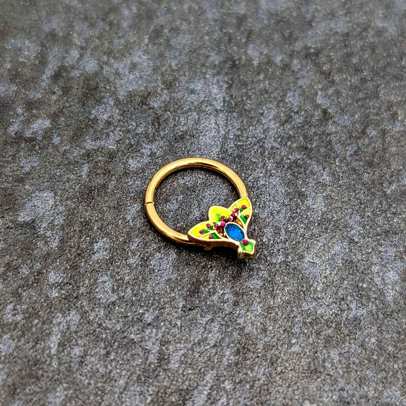 16G 3/8 Blue Gem Gold Tone Tropic Fan Hinged Segment Ring
