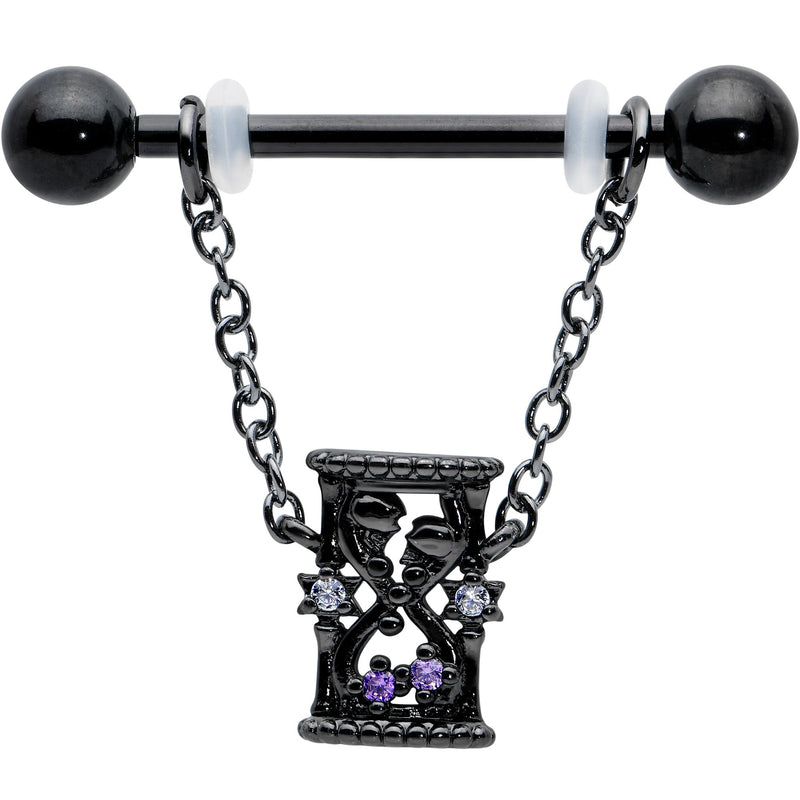 14G 5/8 Purple Gem Black Goth Hourglass Chain Dangle Nipple Ring Set