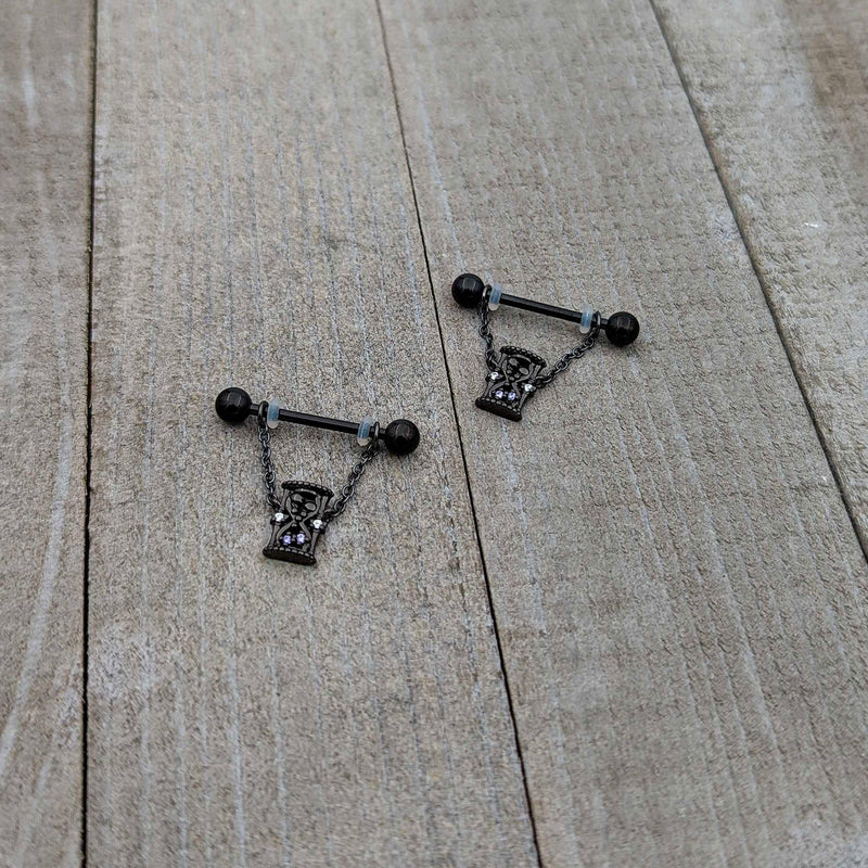 14G 5/8 Purple Gem Black Goth Hourglass Chain Dangle Nipple Ring Set
