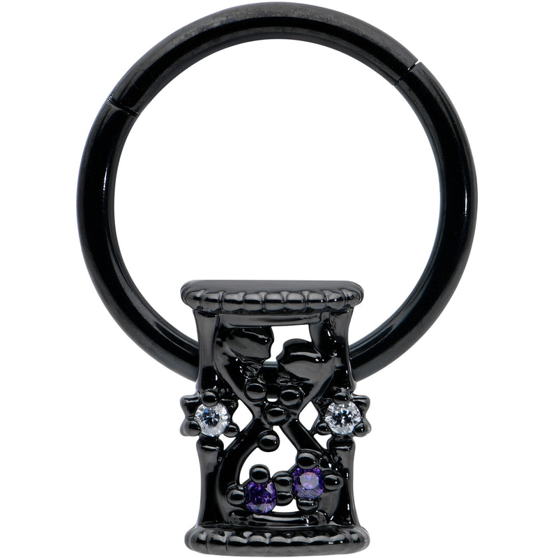 16G 3/8 Purple Gem Black Heart Goth Hourglass Hinged Segment Ring