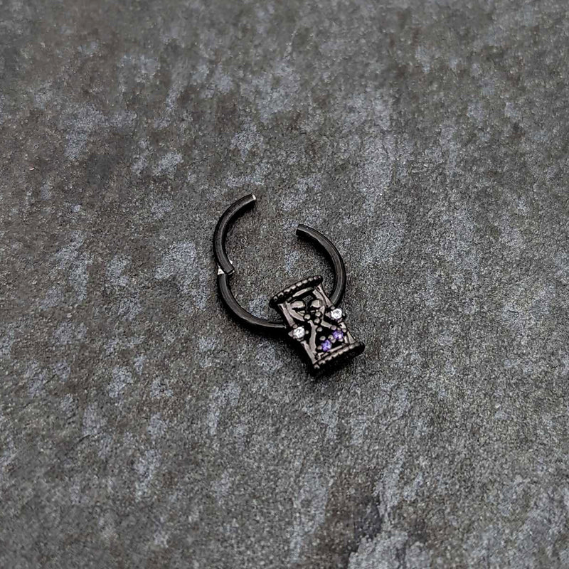 16G 3/8 Purple Gem Black Heart Goth Hourglass Hinged Segment Ring