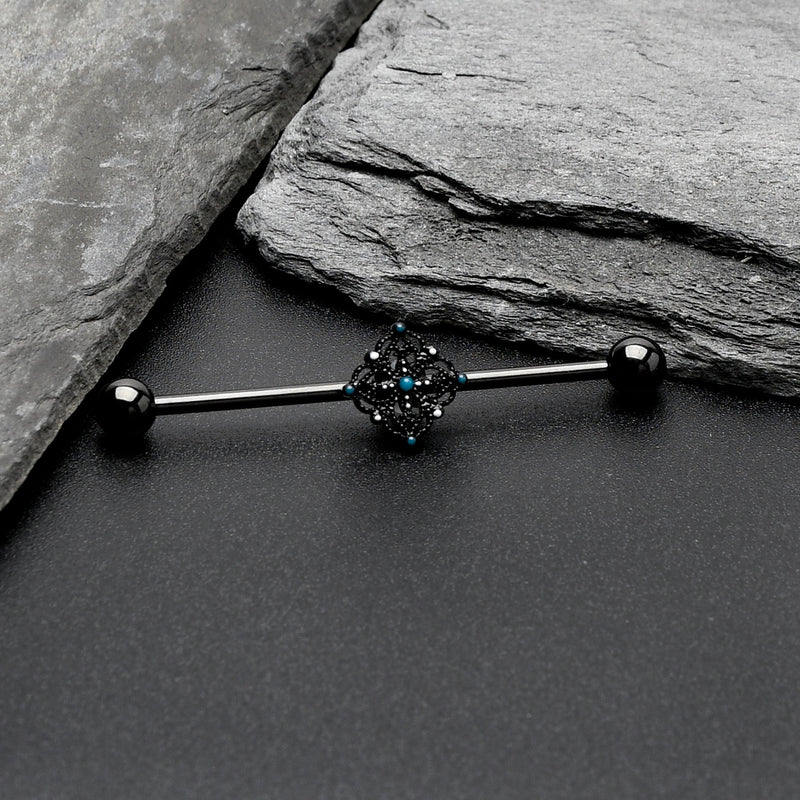 14G Blue Gem Black Lacy Rhombus Industrial Barbell 38mm