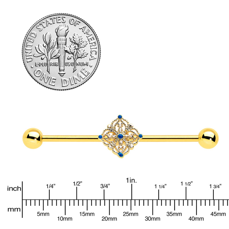 14G Blue Gem Gold Tone Texture Emblem Industrial Barbell 38mm