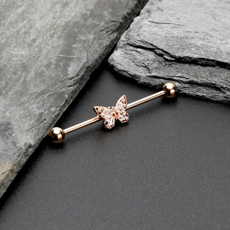 14G Clear Gem Rosy Tone Baroque Butterfly Industrial Barbell 38mm