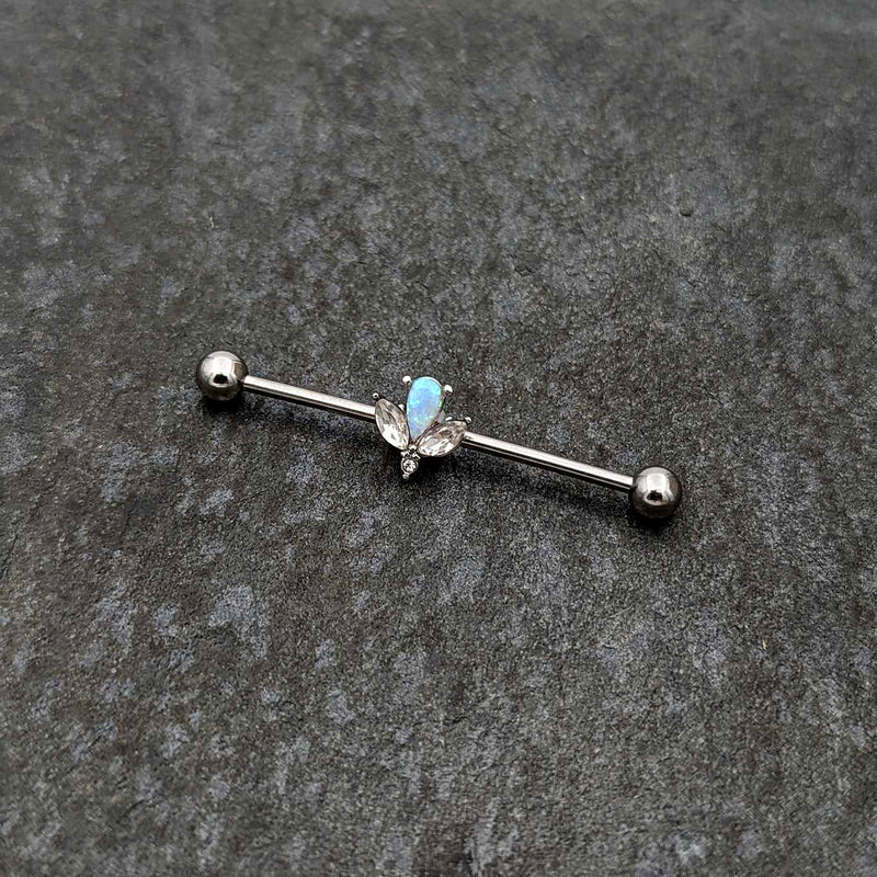 14G White Faux Opal Style Flower Industrial Barbell 38mm