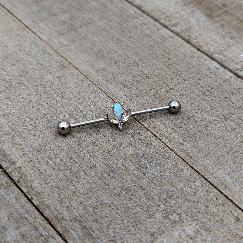14G White Faux Opal Style Flower Industrial Barbell 38mm