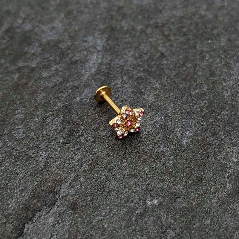 16G 5/16 Pink Gem Gold Tone Texture Star Labret Monroe Tragus